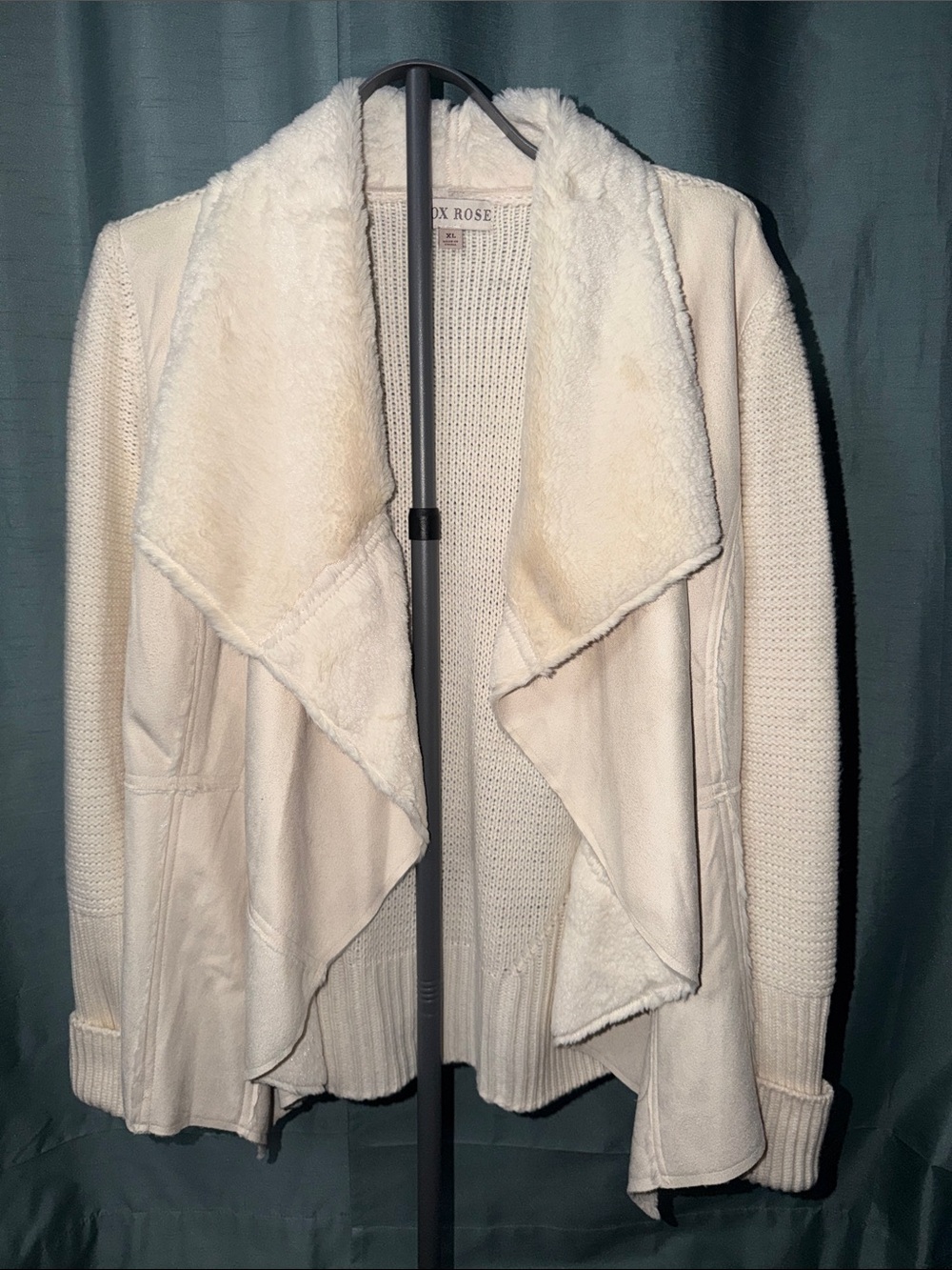 Knox Rose Cream Faux-Sherpa Draped Open Cardigan (XL)